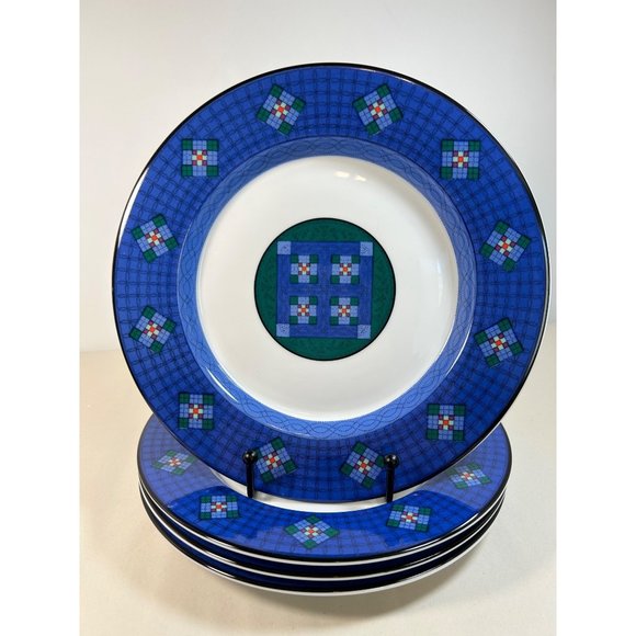 Dansk Nine Patch Accent Salad Lunch Plates Set of Four 9" Quilted Blue Green VTG - Picture 1 of 7